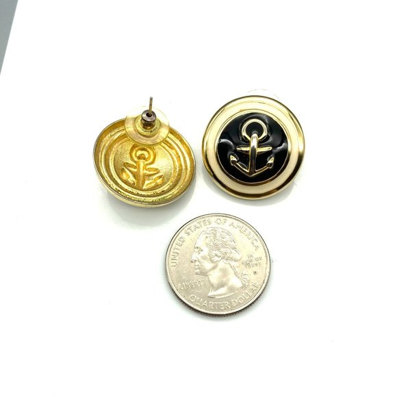 Vintage Enamel Anchor Earrings, Gold Tone Circles with Navy Blue and Cream Studs - Picture 5 of 5